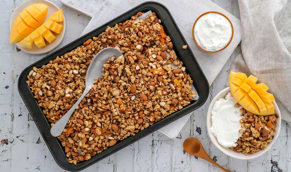 Nutty baked granola with mango