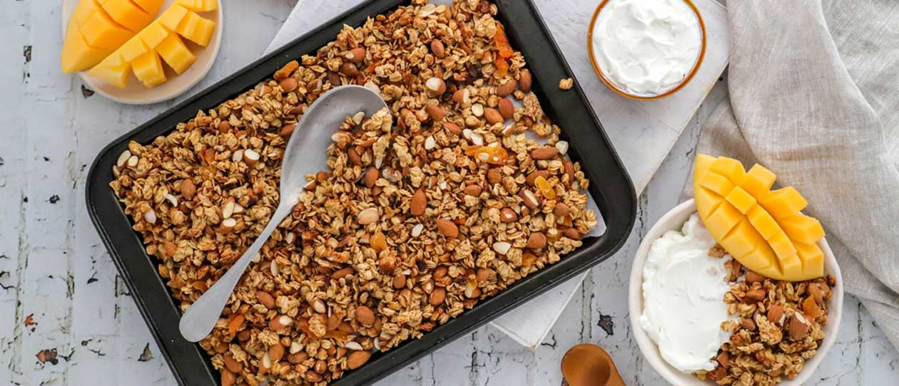 Nutty baked granola with mango